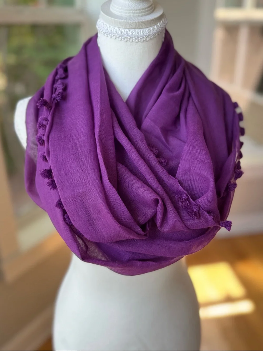 World Market Violet Purple Tassel Pom Infinity Scarf